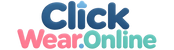 The logo for Click Wear Online, featuring the words 'Click Wear Online' in rounded, playful bubble letters. 'Click' is in dark blue, 'Wear' is in pink, and 'Online' is in light teal, all set against a solid white background.